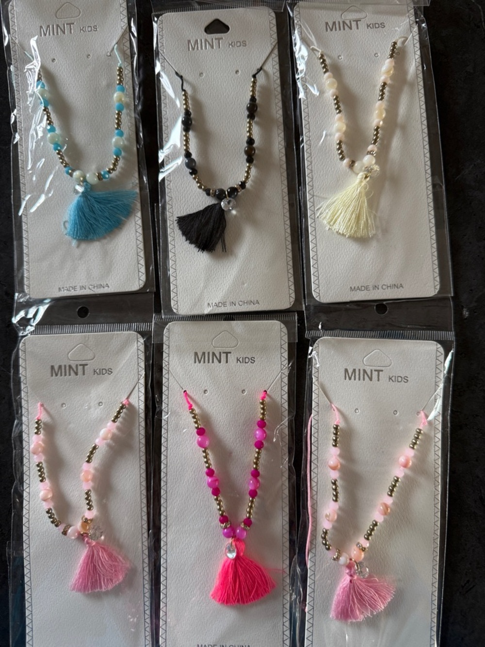 Mint Kids Beaded Tassel Necklace Trio - Blue, Black, Cream, Pink Birthday Bundle
